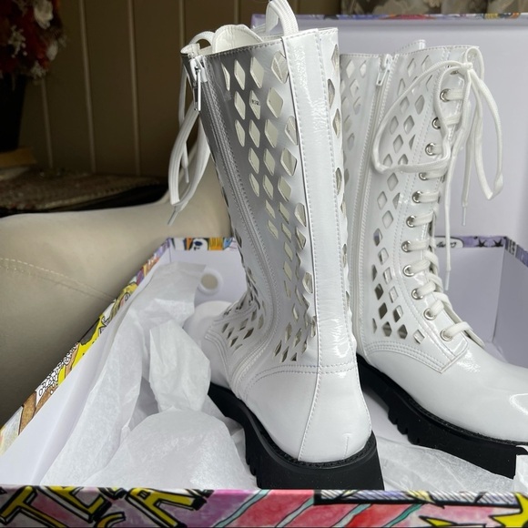 New! Jeffrey Campbell White Leather Lace Up Chunky Moto Combat Boots Boot Sz 9 - Picture 5 of 6